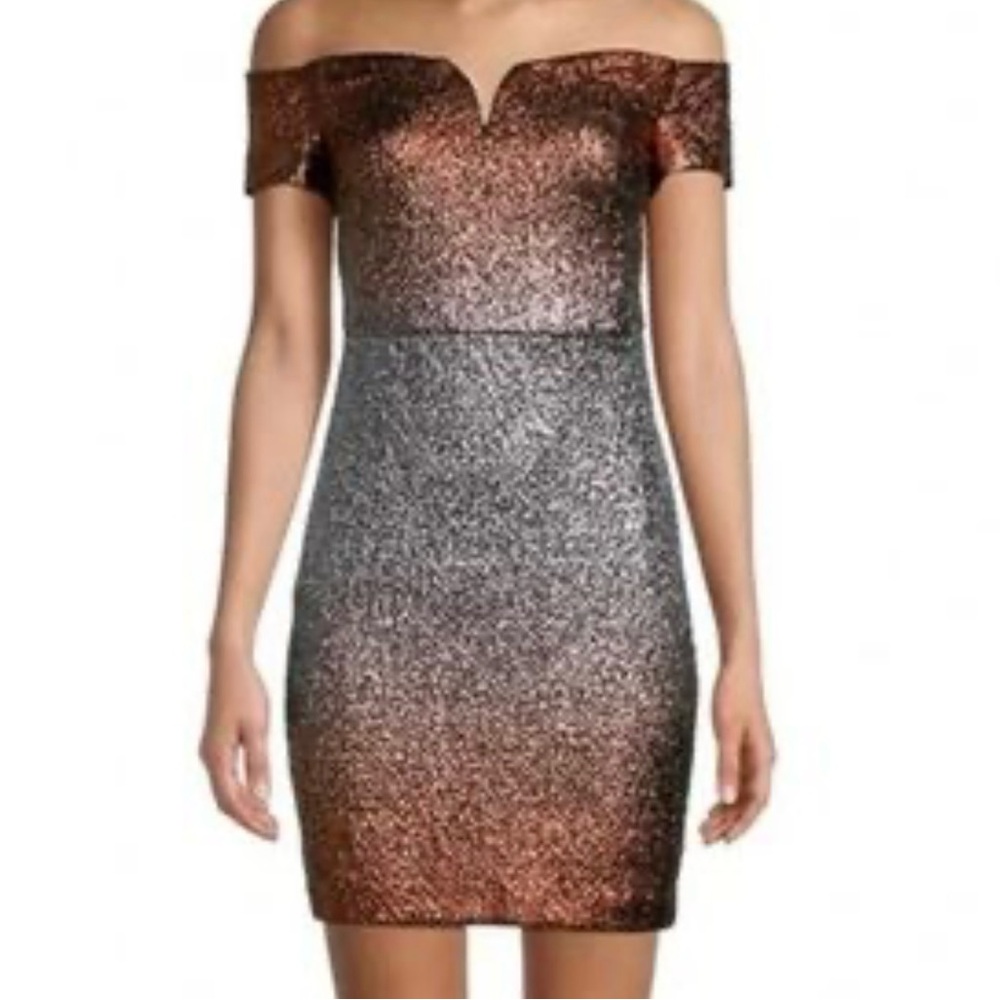 GUESS Women's Silver Bronze Off the Shoulder Ombre Metallic Bodycon Dress